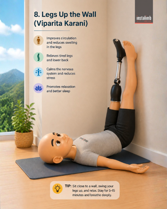 Amputee with prosthetic limb in Legs Up the Wall pose (Viparita Karani) yoga against a wall to improve circulation and reduce leg swelling