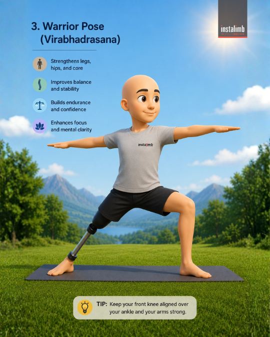 Amputee with prosthetic leg in Warrior II Pose (Virabhadrasana) yoga &mdash; arms extended, lunging stance for leg strength and stability