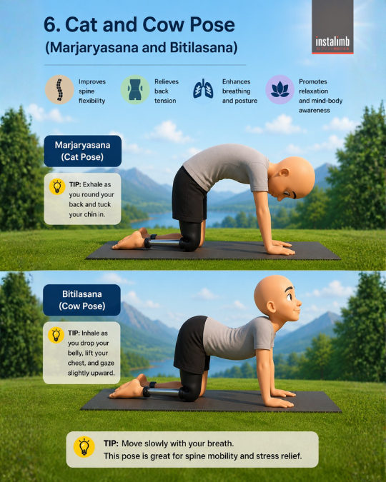 Amputee with below-knee prosthesis doing Cat Pose (Marjaryasana) and Cow Pose (Bitilasana) yoga for spine flexibility and stress relief