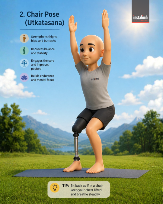Amputee with below-knee prosthesis performing Chair Pose (Utkatasana) yoga to strengthen thighs, hips, and improve balance