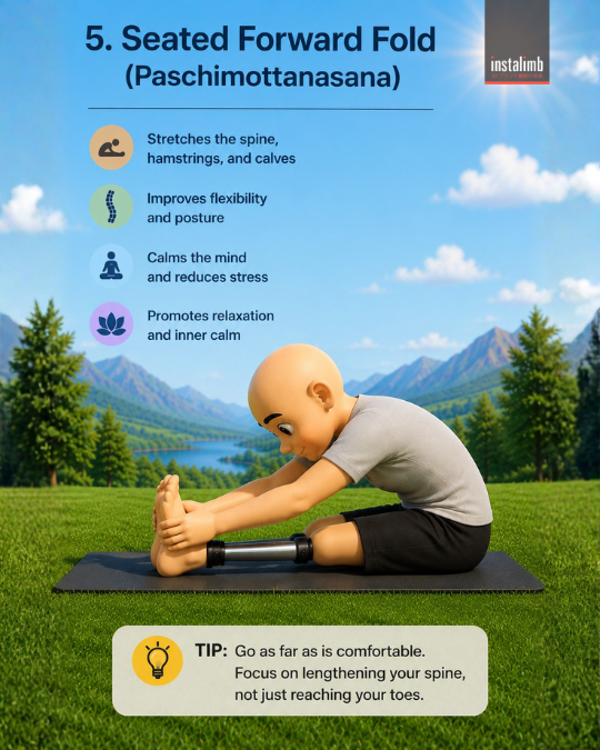 Amputee with prosthetic leg practicing Seated Forward Fold (Paschimottanasana) yoga to stretch hamstrings, spine, and calves