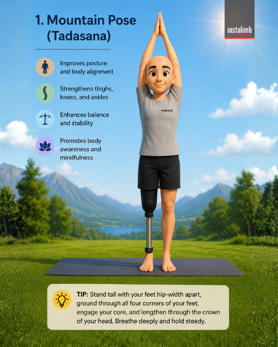 Amputee with prosthetic leg doing Mountain Pose (Tadasana) yoga &mdash; arms raised overhead, standing tall on a yoga mat