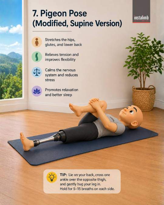 Amputee with prosthetic leg doing Modified Supine Pigeon Pose yoga &mdash; lying on back to stretch hips, glutes, and lower back